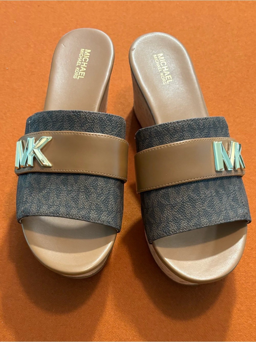 Michael Kors Tan & Brown Leather Mule Slides with Gold MK Logo